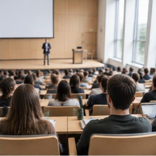 Discussion and meeting in a university auditorium